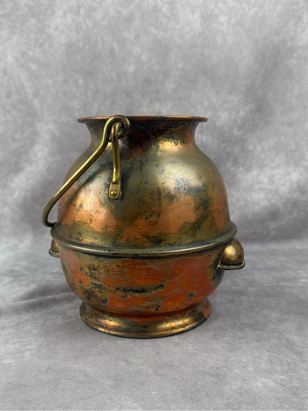VTG Copper Cauldron Pot Brass Bail Handle Natural Patina 7.5â Decorative Vessel